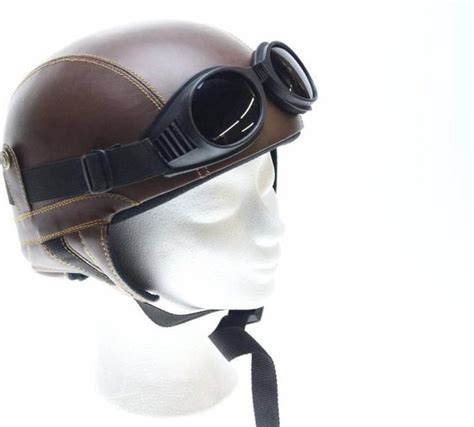 Demi Casque R Tro En Cuir Marron Lunettes De Moto Aviator Noires