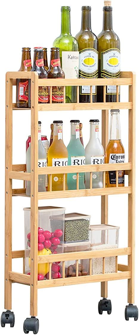 Copree Bamboo 3 Tier Kitchen Removable Storage Cart Slim Slide Out Rolling Pantry