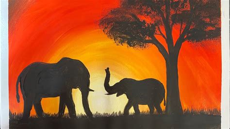 Elephant Silhouette Sunset Painting