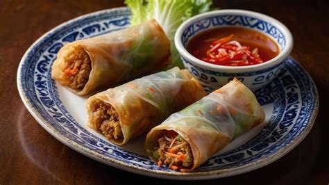 A Platter Of Crispy Spring Rolls With Dipping Sauce And Side Dishes