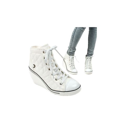 Womens Lace Up Wedge Sneakers High Top Zipper Shoes White