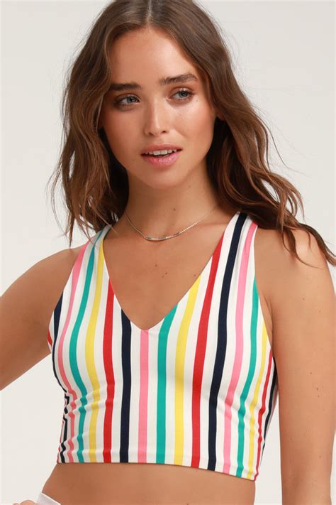 Cute White Multi Striped Top Striped Crop Top Tie Back Top Lulus