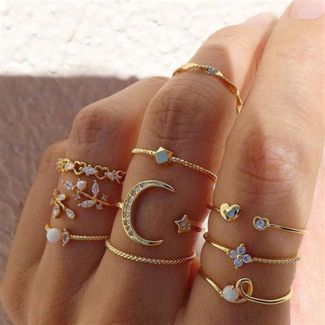 10Pcs Set Moon Star Golden Rings Women Bohemian Jewelry Set Gifts