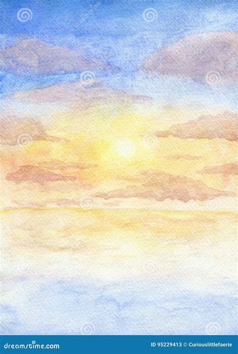 Watercolor Illustration of the Sunset at the Sea Stock Illustration ...