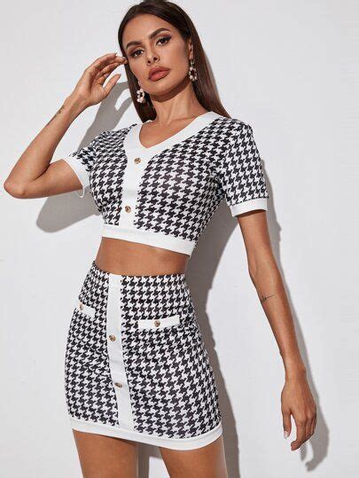 Contrast Panel Houndstooth Crop Tee Skirt Moon20200222