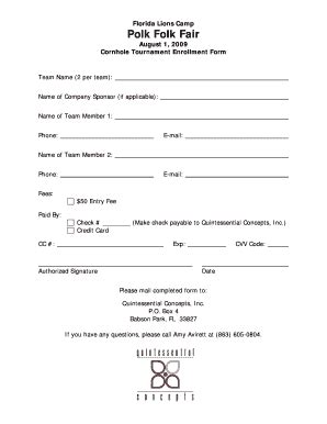 Fillable Online Cornhole Tournament Enrollment Form Fax Email Print