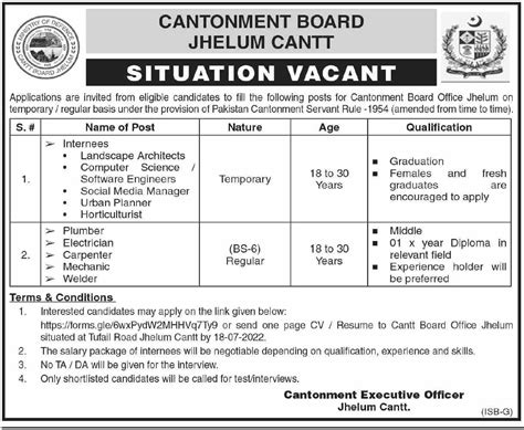 Cantonment Board CB Office Jhelum Cantt Jobs 2022 2024 Job