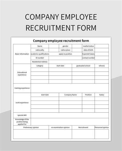 Company Employee Recruitment Application Form Excel Template And Google