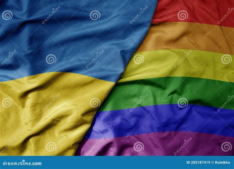 Big Waving National Colorful Flag Of Ukraine And Rainbow Gay Pride Flag
