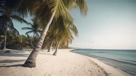 Palmy Trees And A Sandy Beach Create A Blissful Atmosphere Stock