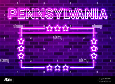 Pennsylvania Us State Glowing Purple Neon Lettering And A Rectangular