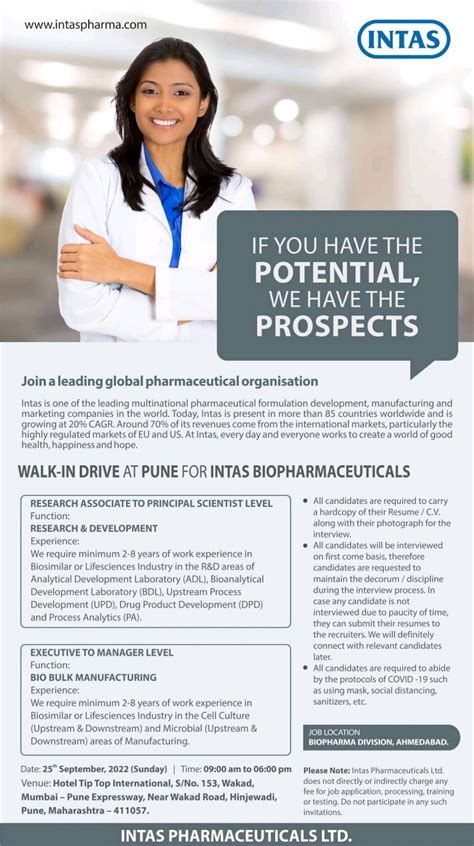 Intas Pharmaceuticals Ltd Walk In Interview For R D Manufacturing