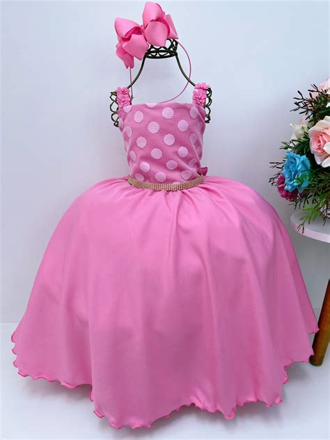 Vestido Infantil Rosa Chiclete Bolinhas Aplique Flores Strass Rosa