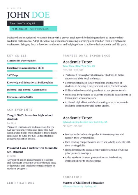 Tutor Resume Example With Content Sample Craftmycv