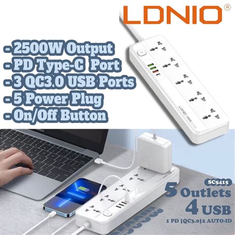 LDNIO SC5415 Multi Function Power Strip With 5 Power Sockets 20W PD