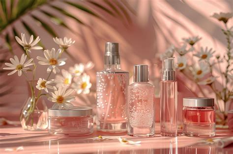 A Table Topped With Bottles Of Different Types Of Perfumes And Flowers