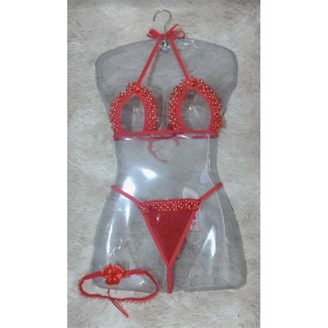 Conjunto Lingerie Sexy Vermelha Calcinha Fio Perneira Shopee Brasil