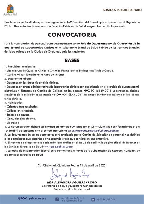 SESA Quintana Roo on Twitter Convocatoria para la contratación de