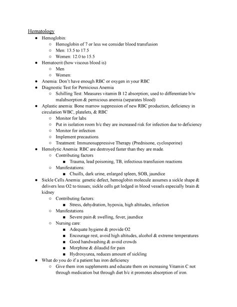 Med Surg II Exam Review 2 Hematology Hemoglobin Hemoglobin Of 7 Or