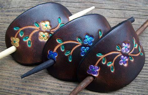 Small Leather Stick Barrettes Bright Flowers Old School Leather Co