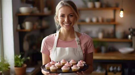 Premium Photo A Woman Holding A Tray Of Cupcakes With A Plate Of Cupcakes