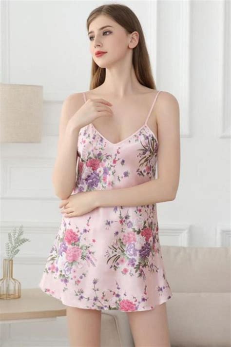 Summer Spaghetti Strap Nightdress Women Sexy Print Flower Faux Silk