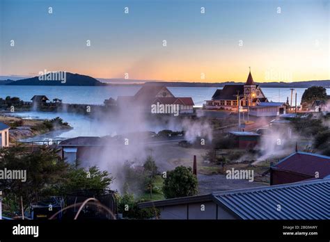 Steam Rises From Hot Water Springs And Vents At Ohinemutu Maori Village