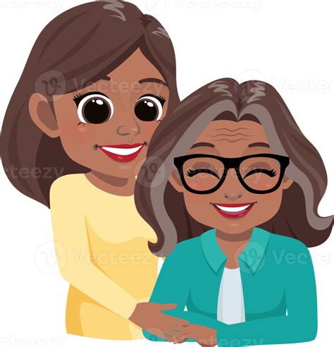 Cartoon Character With Old American African Mom And Daughter Embrace