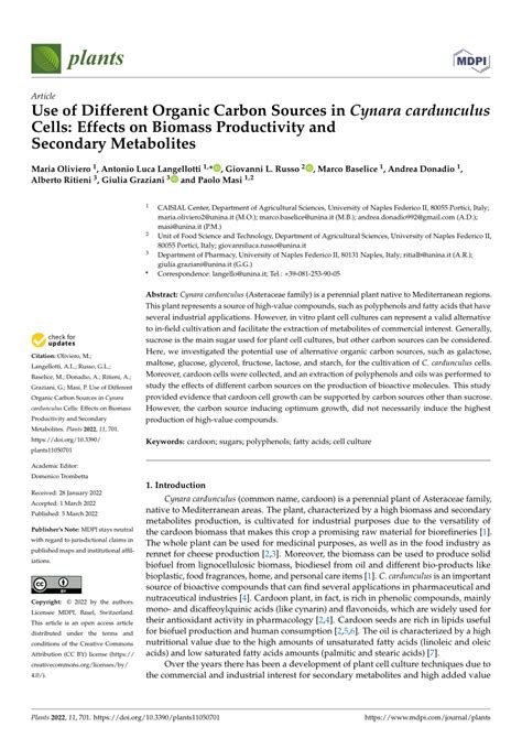 Pdf Use Of Different Organic Carbon Sources In Cynara Cardunculus Cells Effects On Biomass