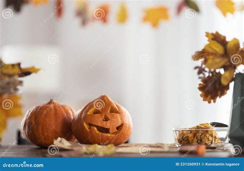 Pumpkins On The Table Stock Image Image Of Funny Decoration 231260931