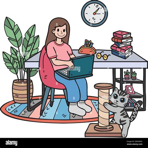 Hand Drawn Woman Working On Laptop With Cat In Office Illustration In