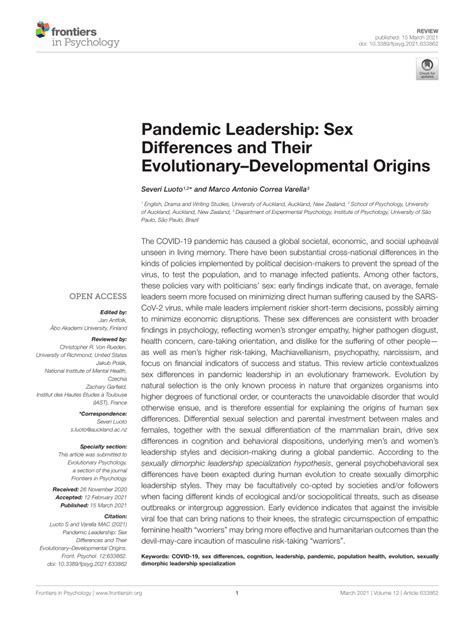 Pdf Pandemic Leadership Sex Differences And Their Evolutionary Developmental Origins