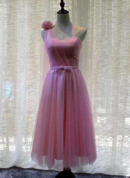 Beautiful Pink One Shoulder Tea Length Wedding Party Dress Cute Party