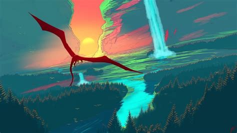 Waterfall Forest Dragon River Artwork Landscape Sunset Fantasy