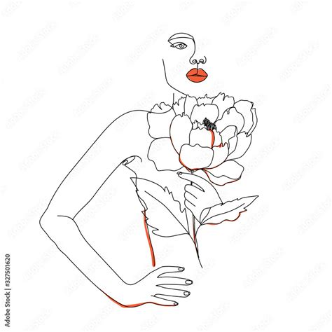 Trendy Abstract One Line Woman Face With Peony Flower Continuous Line