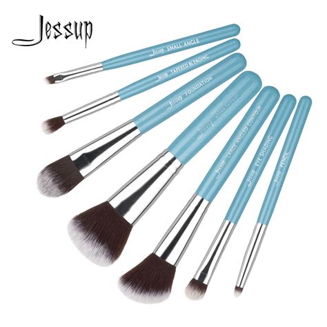 Jessup 7pcs Makeup Brushes Set Blue Silver Wooden Handle Blending Foundation Powder Contour