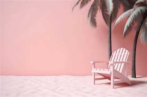 Premium Ai Image Beach Deck Chair Under Palm Trees On A Pink