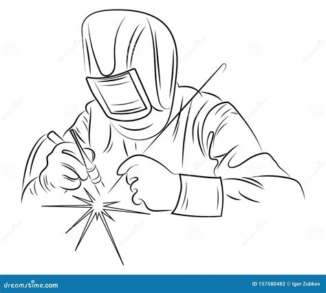 Welder Welds Metal Black And White Illustration Of A Welder In Work