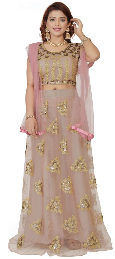 Festive Reception Beige And Brown Color Net Fabric Lehenga 1913899