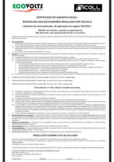 PDF CERTIFICADO DE GARANTIA NICOLL BATERIA SELADA Observar