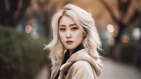Asian Woman With Long Blond Hair Standing On The Street Background Blonde Blonde White Hd