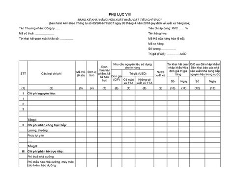 BẢNG KÊ NPL HÀNG XK ĐẠT TIÊU CHÍ RVC theo TT 05 2018 TT BCT PHỤ LỤC