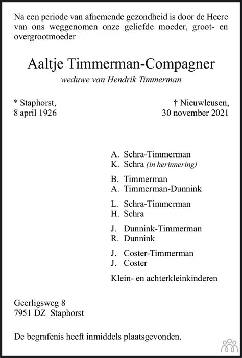 Aaltje Timmerman Compagner Overlijdensbericht En