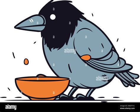 Crow eating from a bowl. Vector illustration in cartoon style Stock ...