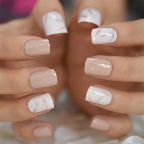 24 Nude Cream Marble Short Press On Nails Kit Glue On White Khaki Fake Nails Artificial Nails