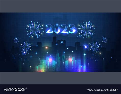 2023 happy new year city and fireworks in the sky Vector Image