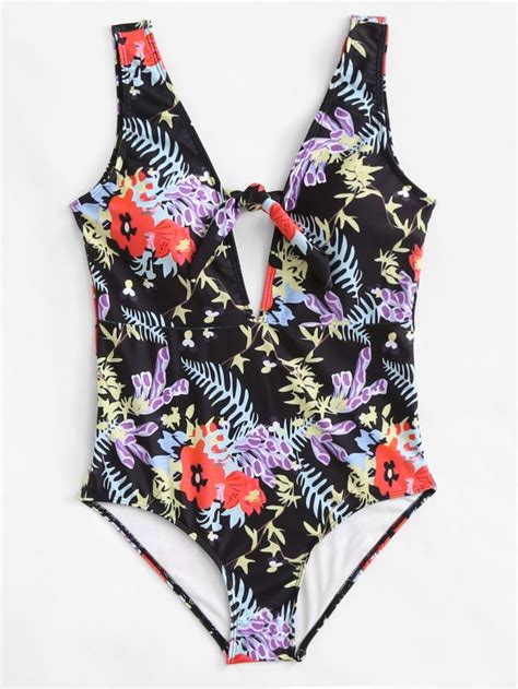 Flower Print Knot Swimsuit Sheinsheinside Floral Print Swimwear