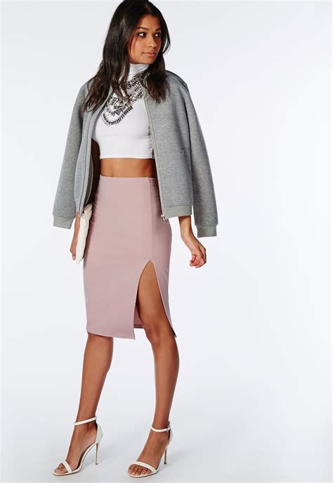 Missguided Thigh High Split Scuba Midi Skirt Mauve Scuba Midi Skirt