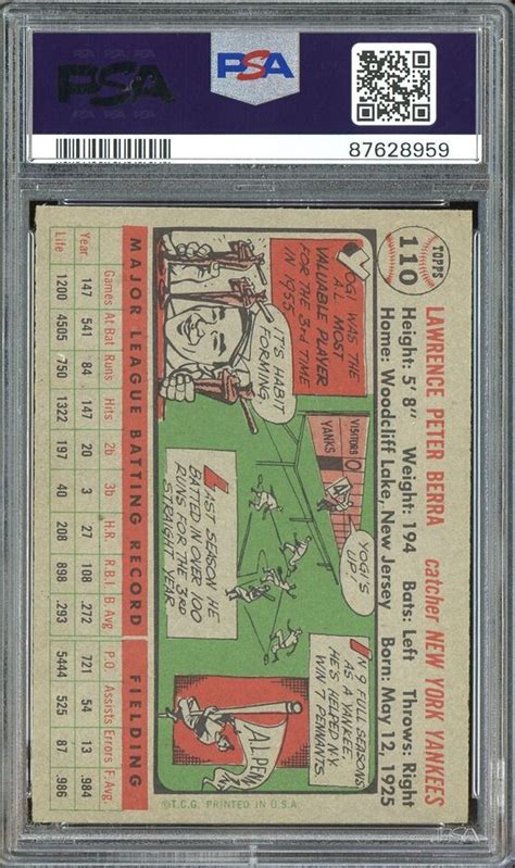 1956 Topps 110 Yogi Berra New York Yankees HOF Gray Back PSA 6 EX MT