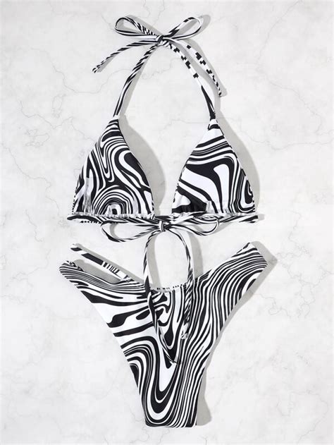 SHEIN Swim Vcay Zebra Stripe Bikini Set Halter Triangle Bra Cutout